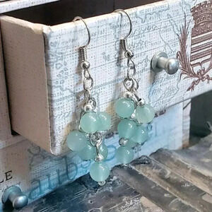 Malaysia Jade Green Gemstone Bead Dangle Silver Platinum Plated Earrings